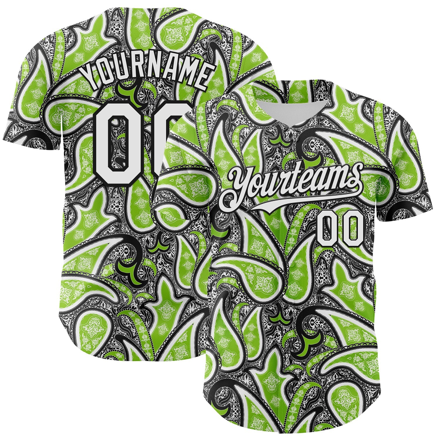 Custom Black White-Neon Green 3D Pattern Design Rave Party Ethnic Paisley Bandana Authentic Baseball Jersey