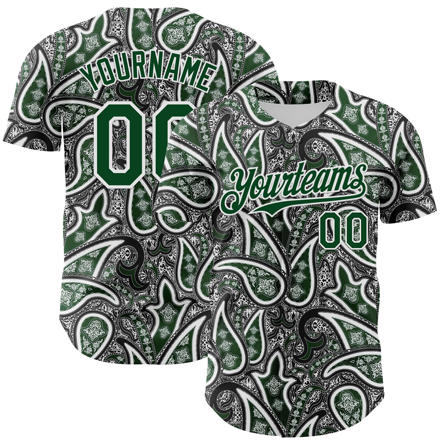 Custom Black Green-White 3D Pattern Design Rave Party Ethnic Paisley Bandana Authentic Baseball Jersey