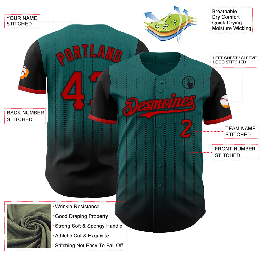 Custom Teal Red-Black 3D Pattern Design Gradient Geometric Shape Authentic Baseball Jersey