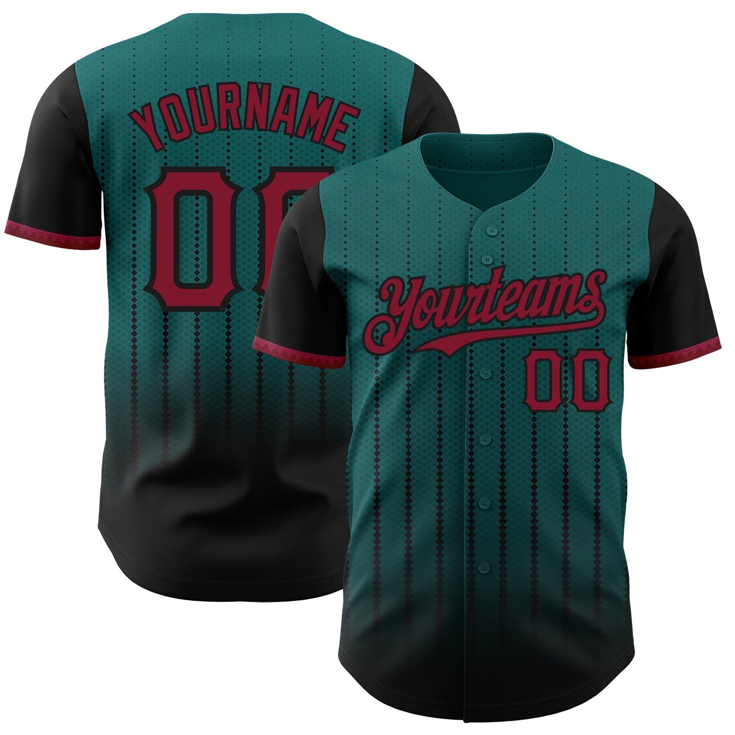 Custom Teal Crimson-Black 3D Pattern Design Gradient Geometric Shape Authentic Baseball Jersey