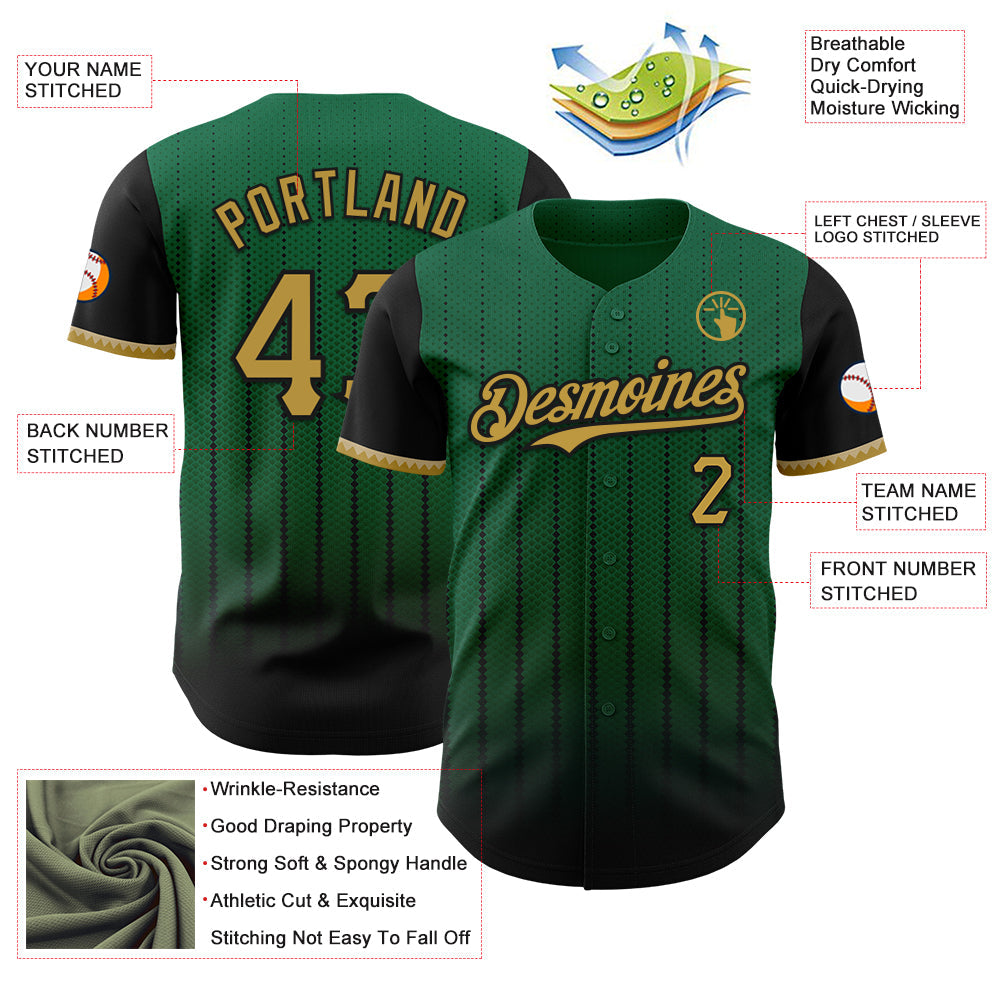 Custom Kelly Green Old Gold-Black 3D Pattern Design Gradient Geometric Shape Authentic Baseball Jersey