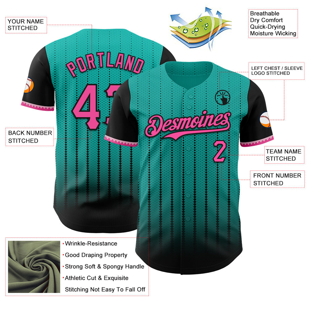 Custom Aqua Pink-Black 3D Pattern Design Gradient Geometric Shape Authentic Baseball Jersey