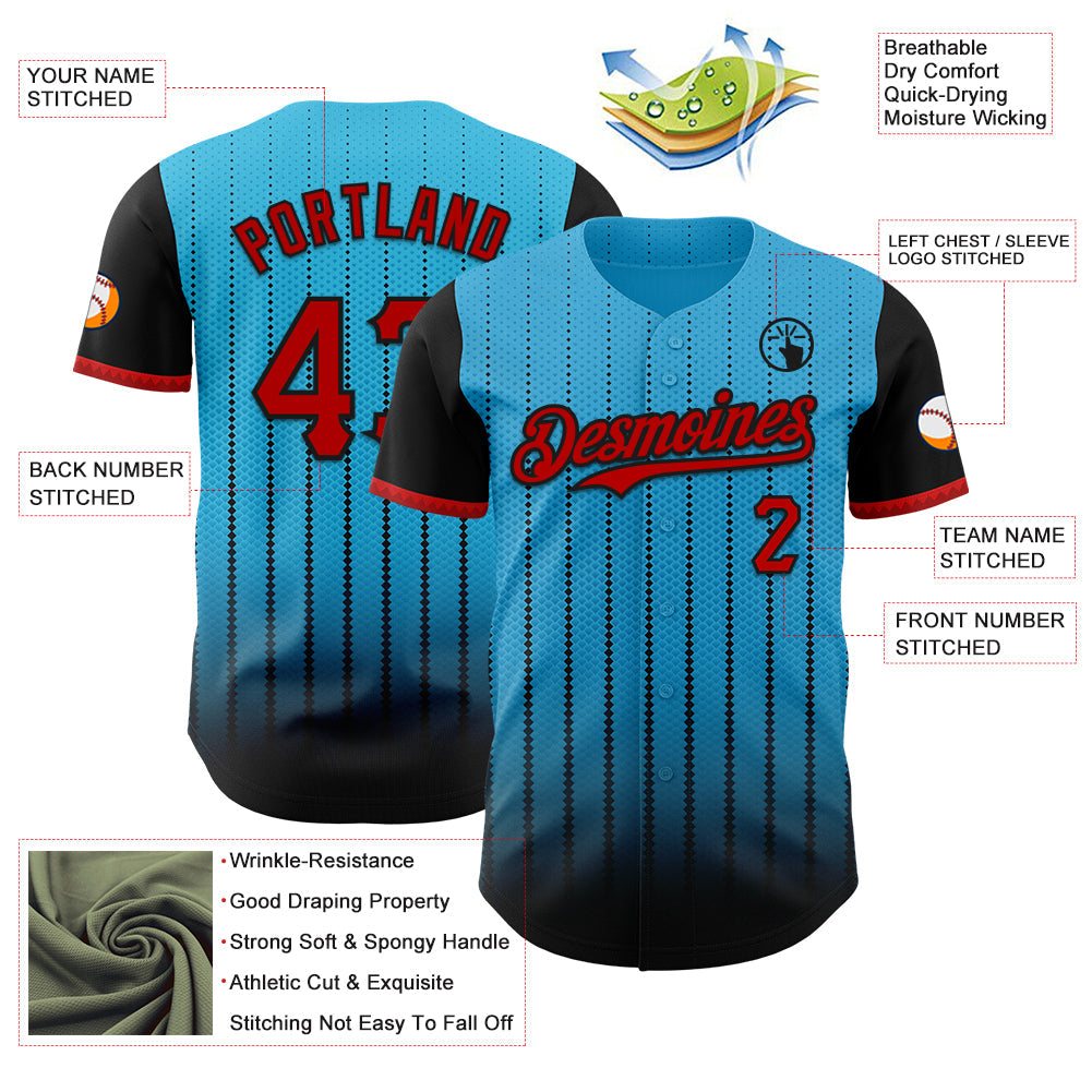Custom Sky Blue Red-Black 3D Pattern Design Gradient Geometric Shape Authentic Baseball Jersey