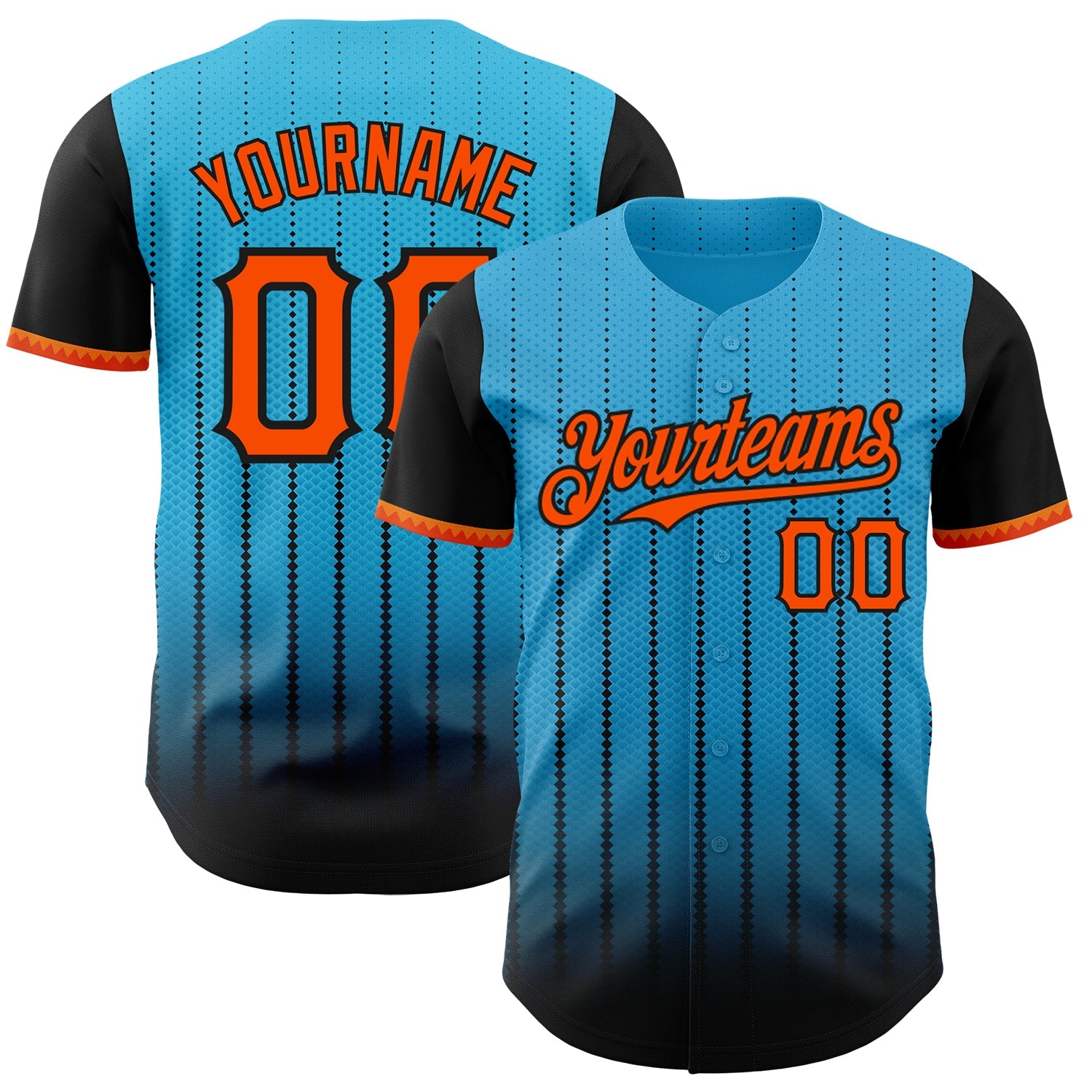 Custom Sky Blue Orange-Black 3D Pattern Design Gradient Geometric Shape Authentic Baseball Jersey