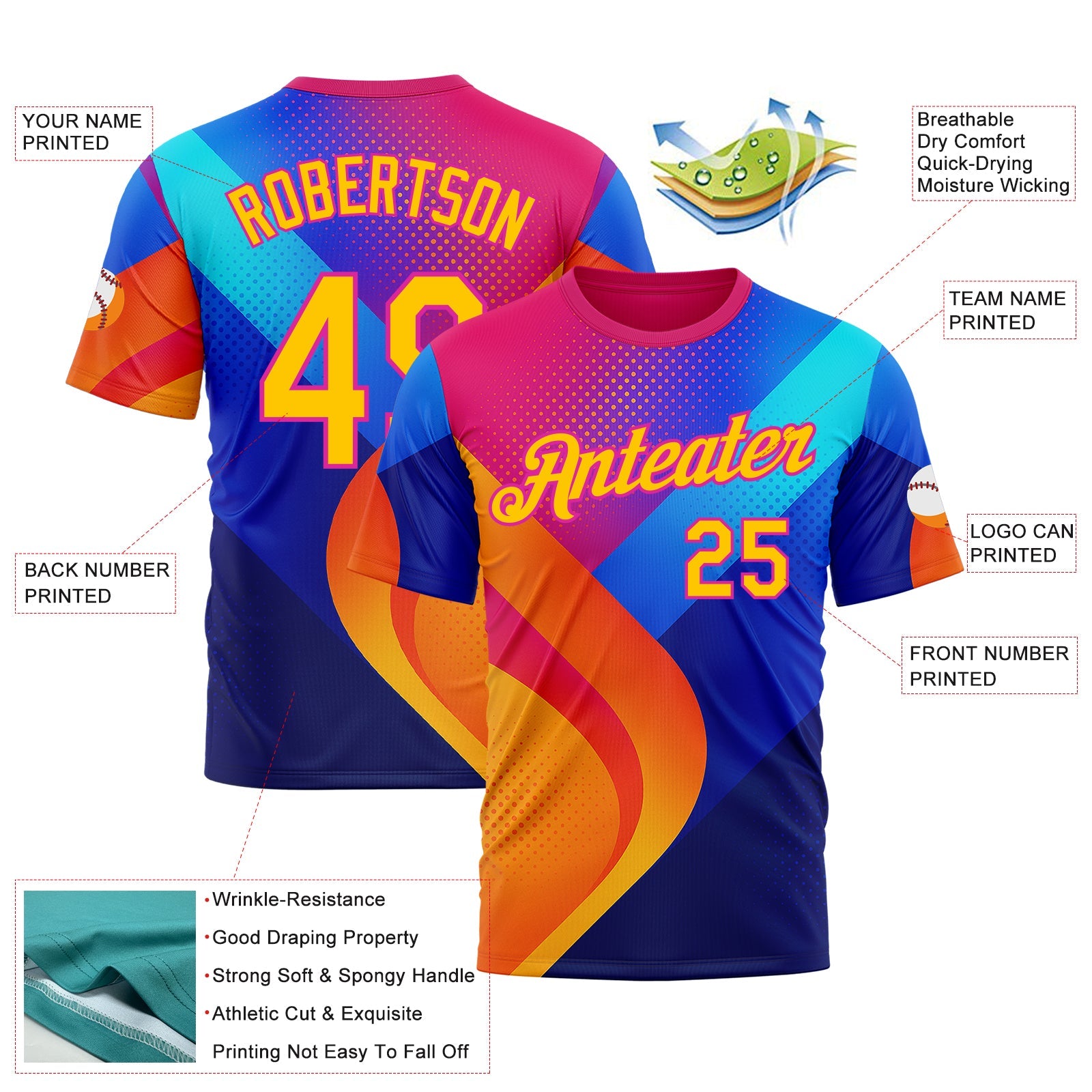 Custom Deep Pink Yellow-Blue 3D Pattern Design Neon Chromatic Sportswear Performance T-Shirt