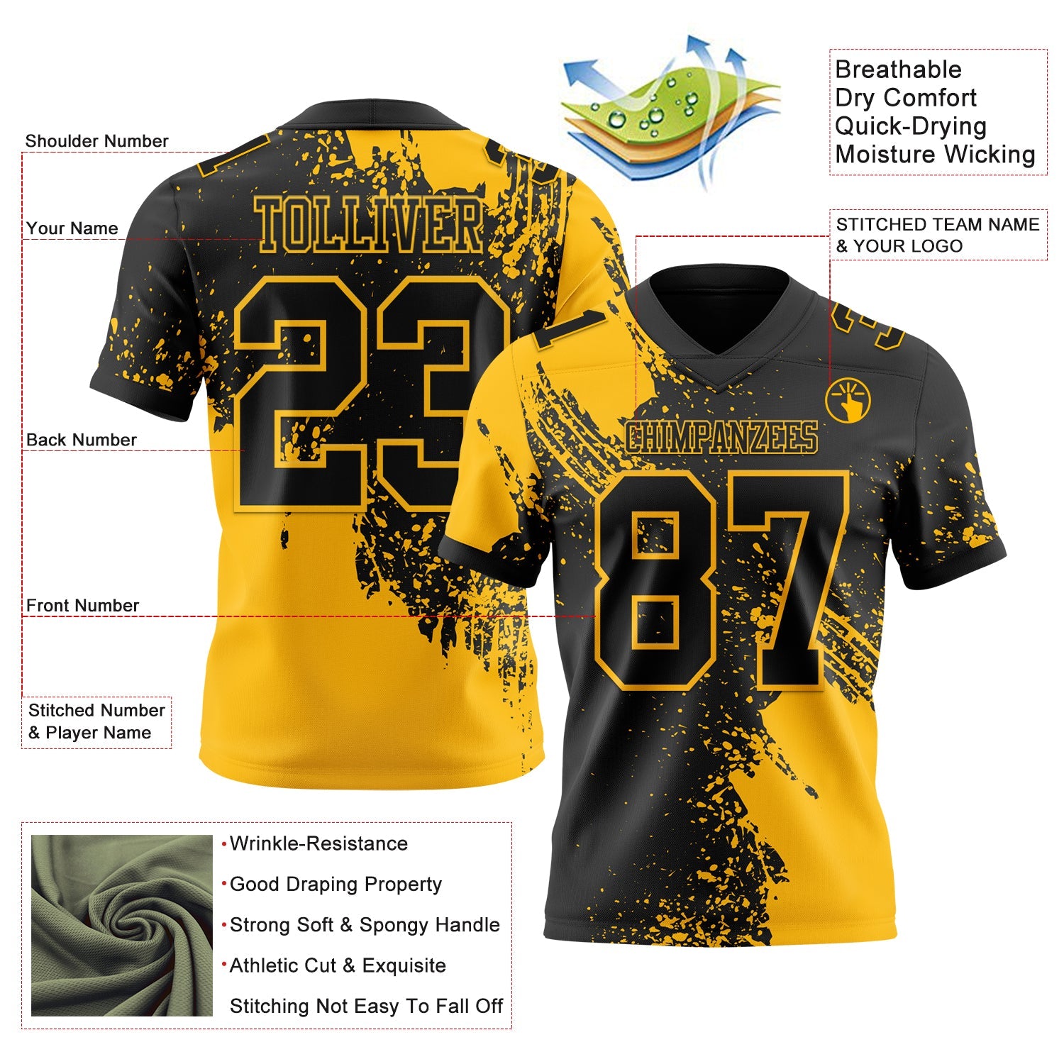 Custom Black Gold 3D Pattern Abstract Brush Stroke Authentic Football Jersey