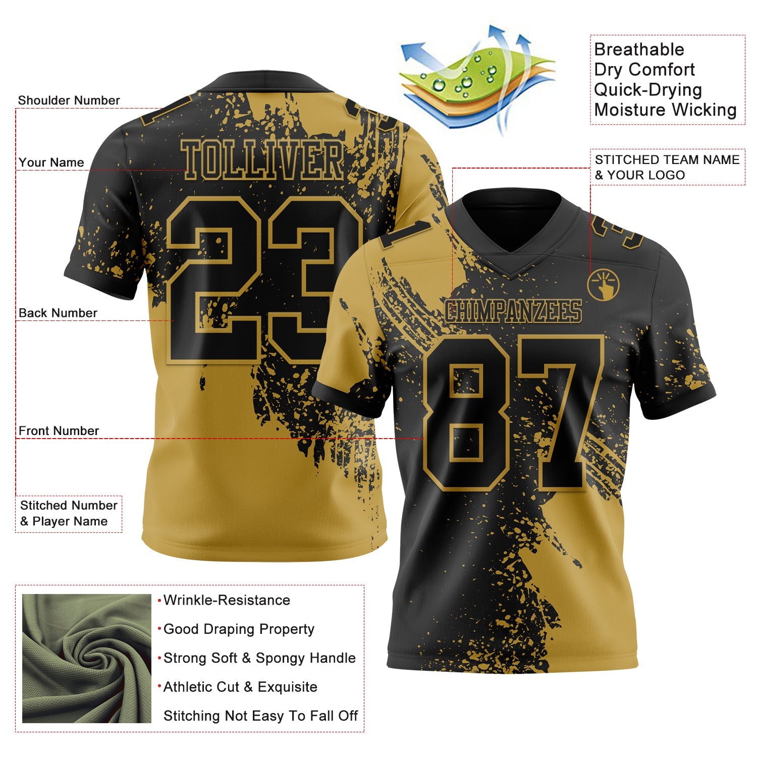 Custom Black Old Gold 3D Pattern Abstract Brush Stroke Authentic Football Jersey