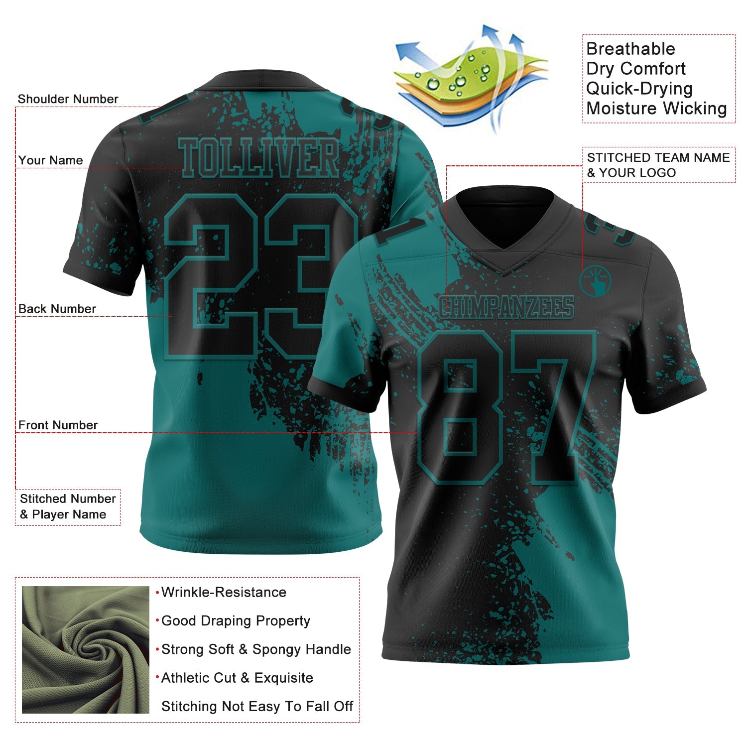Custom Black Teal 3D Pattern Abstract Brush Stroke Authentic Football Jersey
