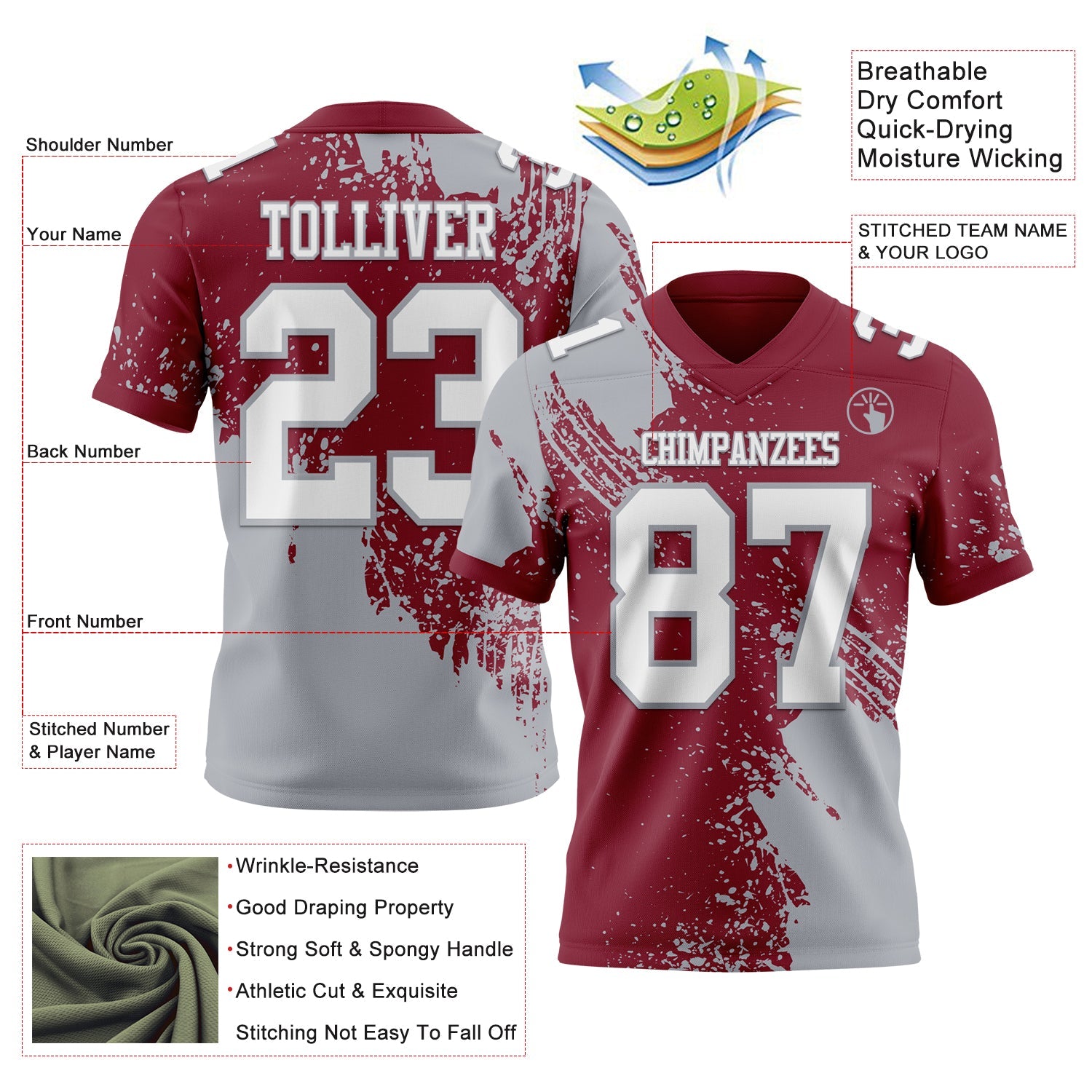 Custom Crimson White-Gray 3D Pattern Abstract Brush Stroke Authentic Football Jersey