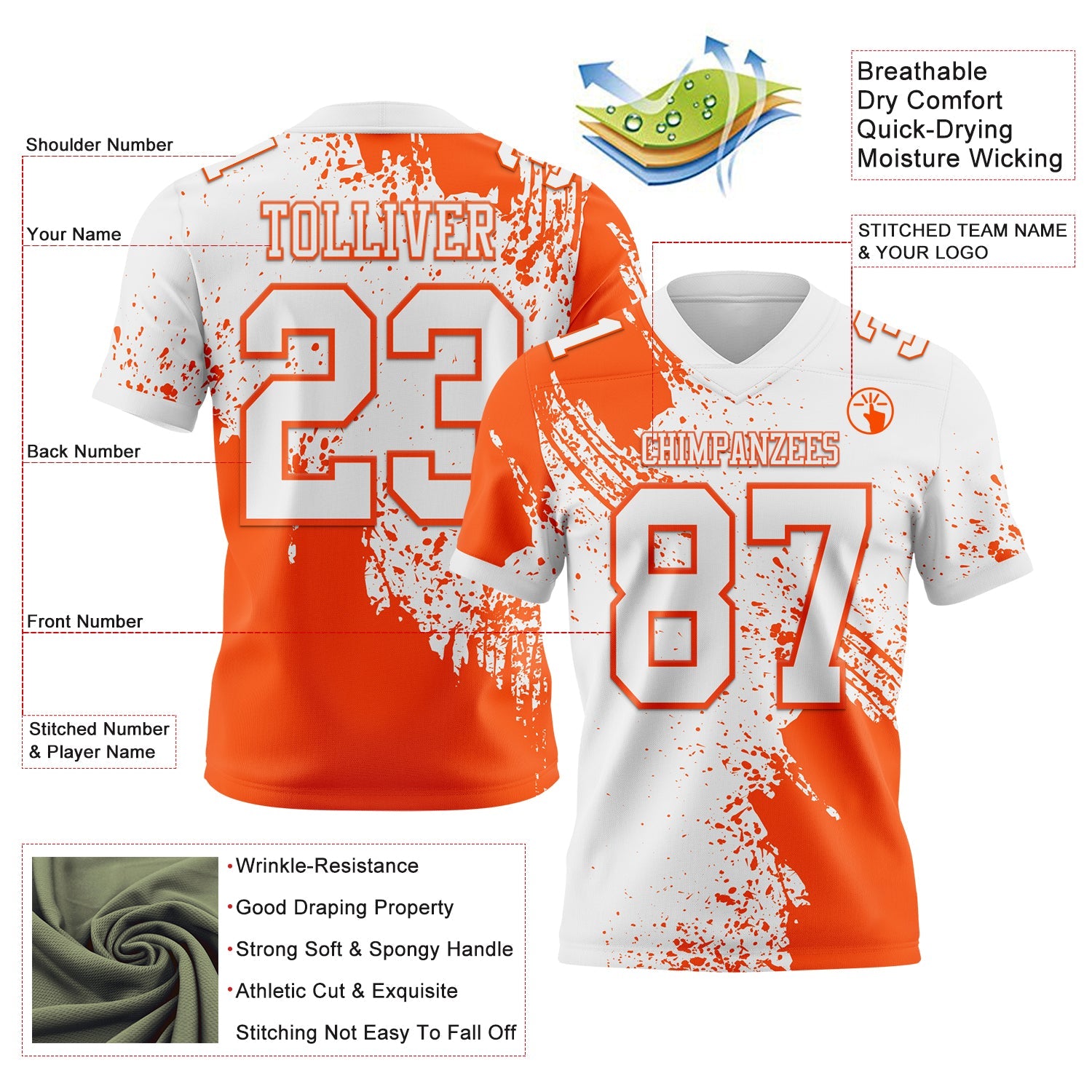 Custom White Orange 3D Pattern Abstract Brush Stroke Authentic Football Jersey