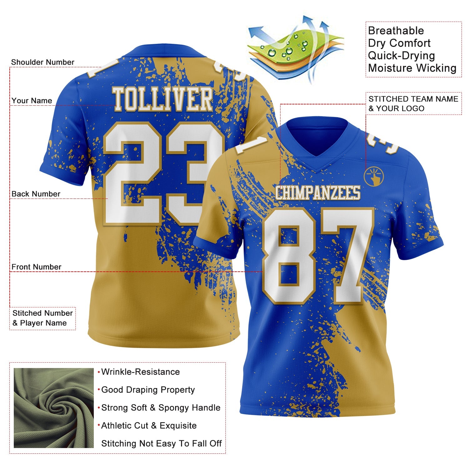 Custom Thunder Blue White-Old Gold 3D Pattern Abstract Brush Stroke Authentic Football Jersey