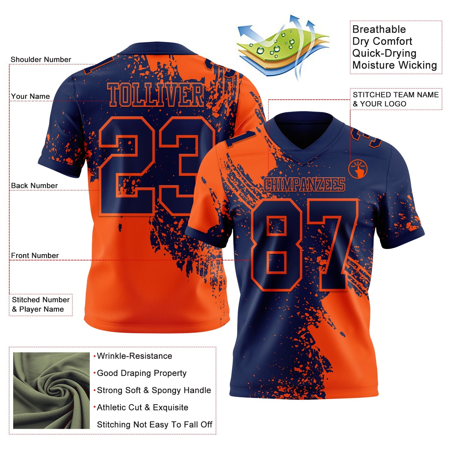 Custom Navy Orange 3D Pattern Abstract Brush Stroke Authentic Football Jersey