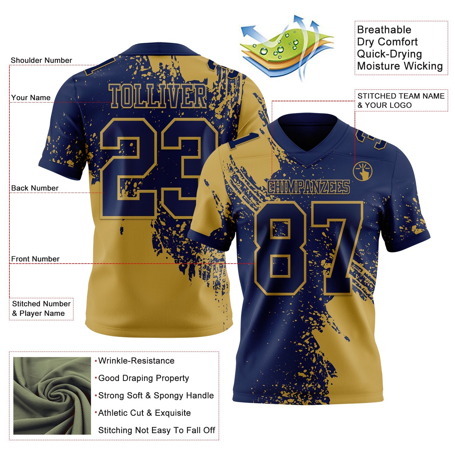 Custom Navy Old Gold 3D Pattern Abstract Brush Stroke Authentic Football Jersey