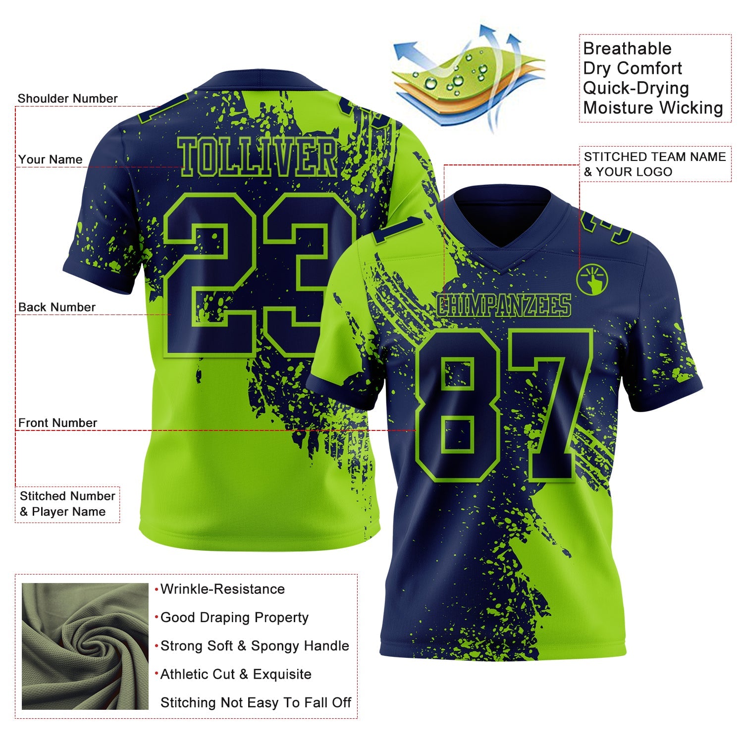 Custom Navy Neon Green 3D Pattern Abstract Brush Stroke Authentic Football Jersey