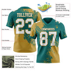 Custom Teal White-Old Gold 3D Pattern Abstract Brush Stroke Authentic Football Jersey