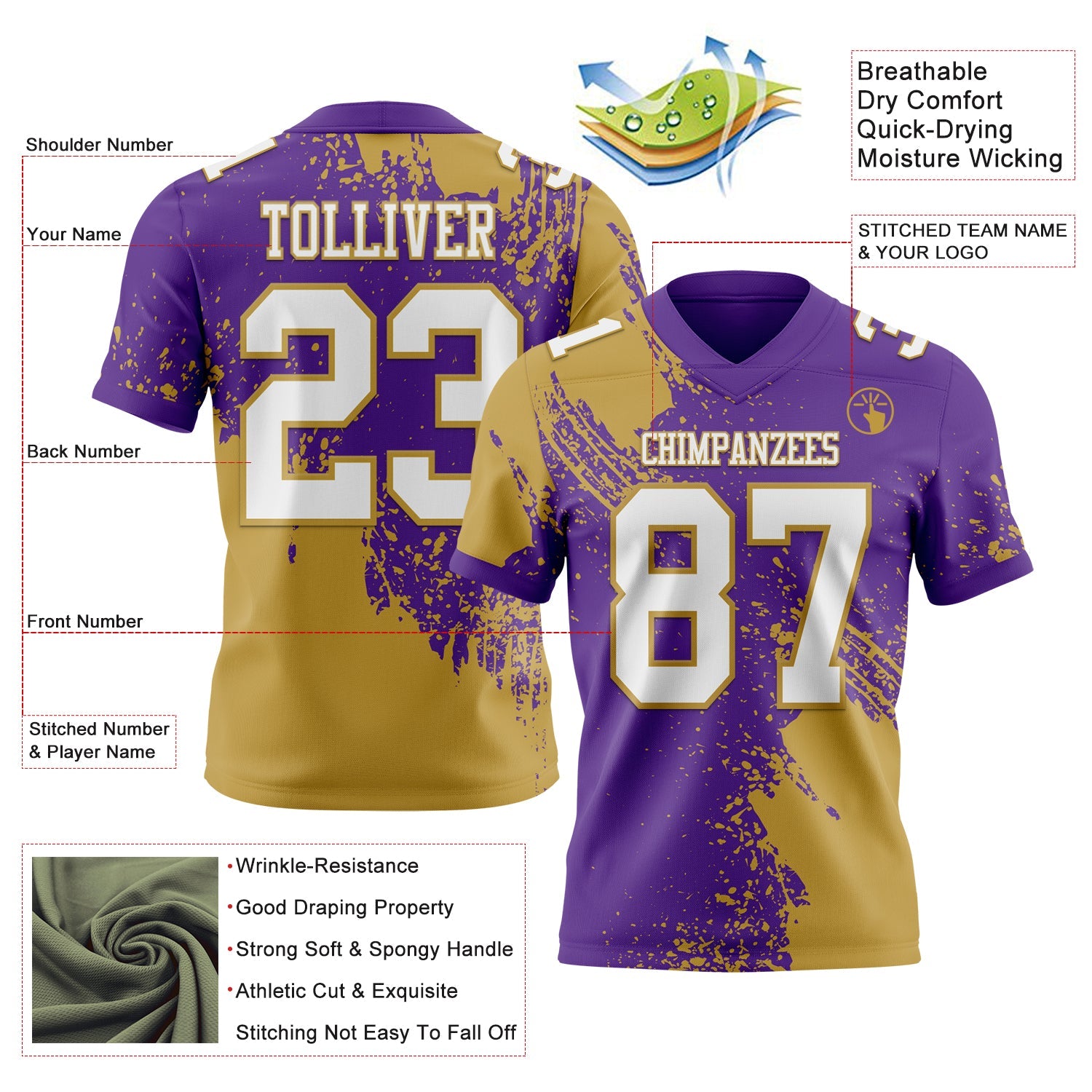 Custom Purple White-Old Gold 3D Pattern Abstract Brush Stroke Authentic Football Jersey