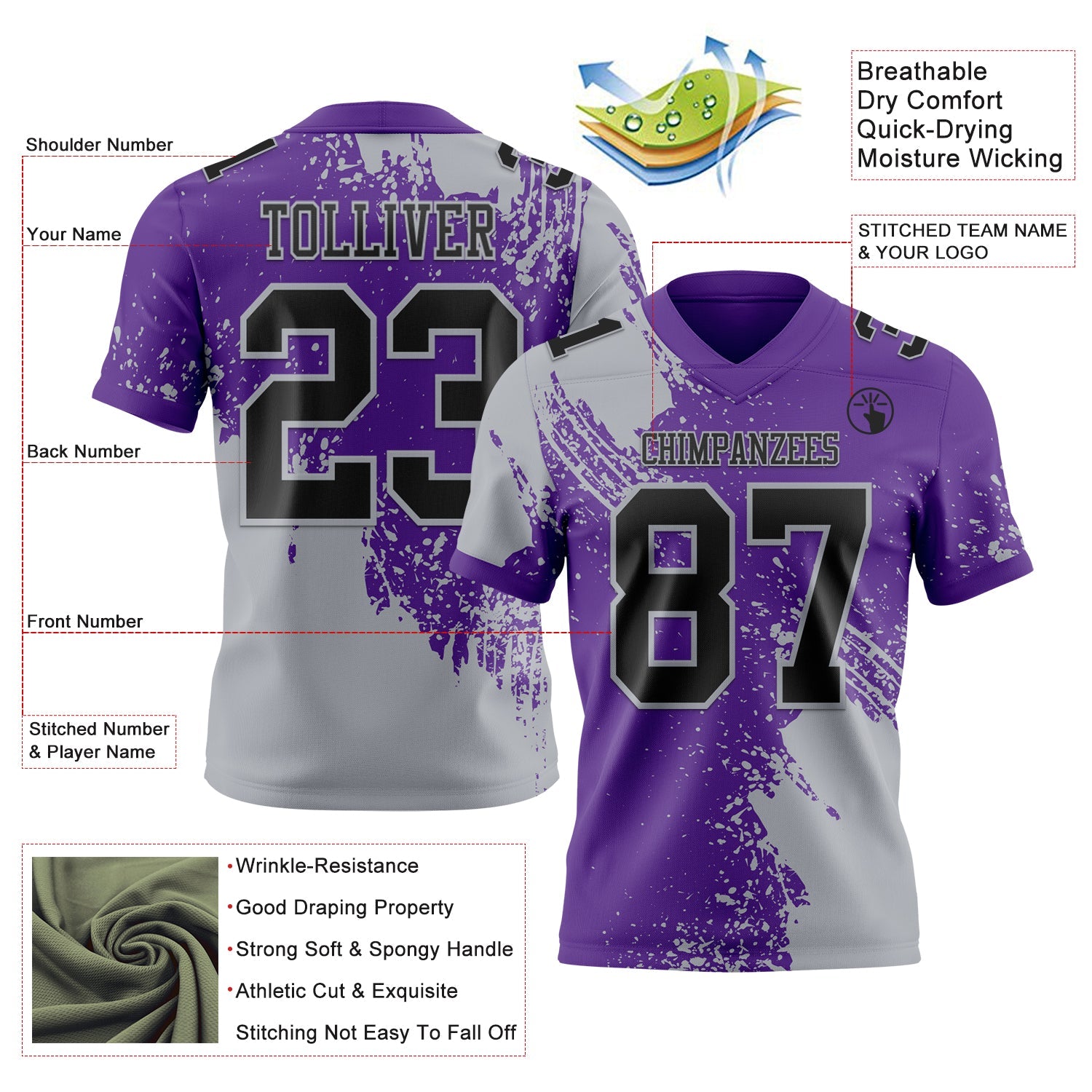 Custom Purple Black-Gray 3D Pattern Abstract Brush Stroke Authentic Football Jersey