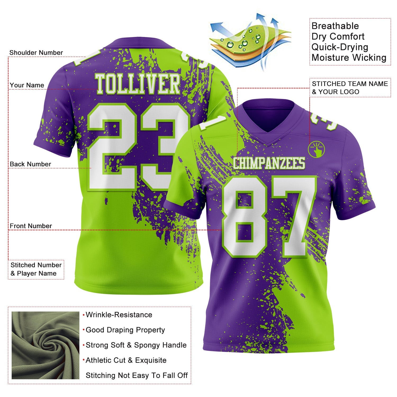 Custom Purple White-Neon Green 3D Pattern Abstract Brush Stroke Authentic Football Jersey