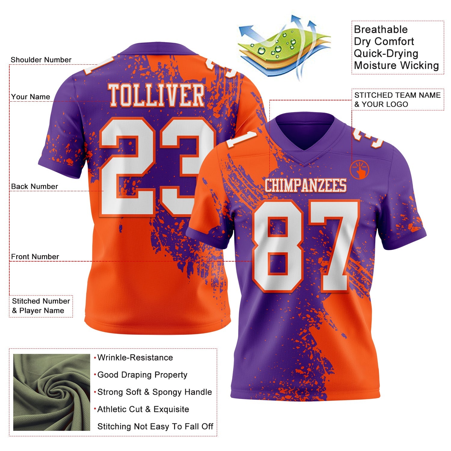 Custom Purple White-Orange 3D Pattern Abstract Brush Stroke Authentic Football Jersey