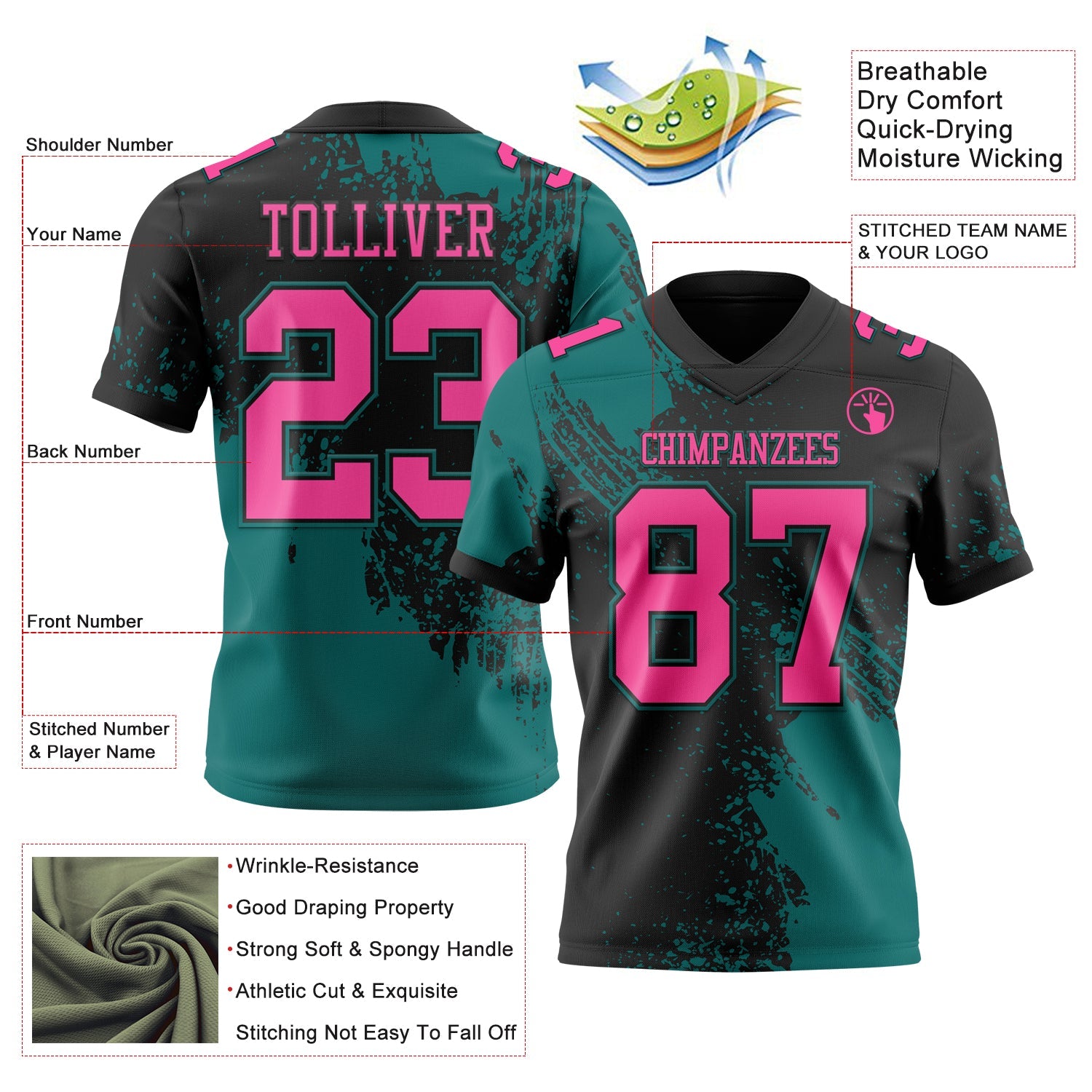 Custom Black Pink-Teal 3D Pattern Abstract Brush Stroke Authentic Football Jersey