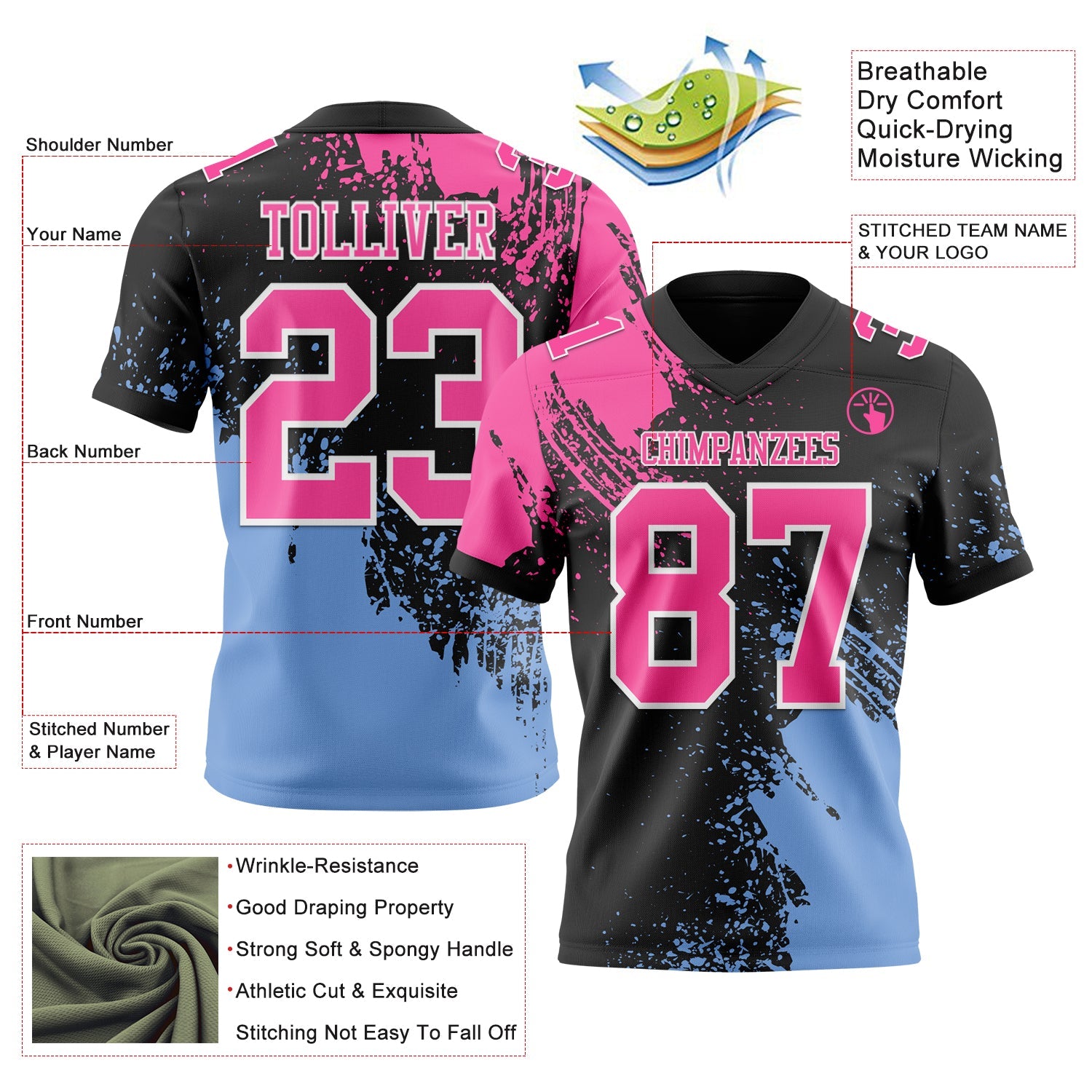 Custom Black Pink Light Blue-White 3D Pattern Abstract Brush Stroke Authentic Football Jersey