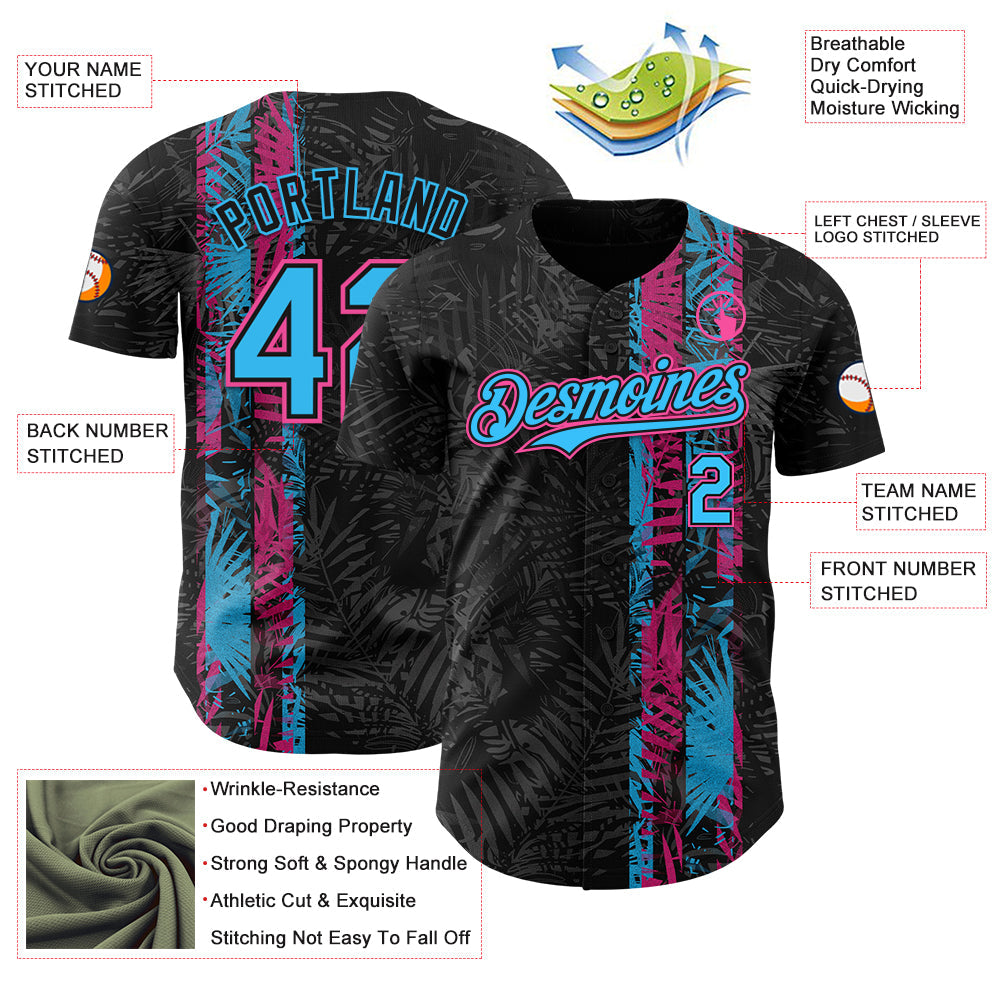 Custom Black Pink-Sky Blue 3D Hawaii Tropical Palm Leaves Authentic Baseball Jersey