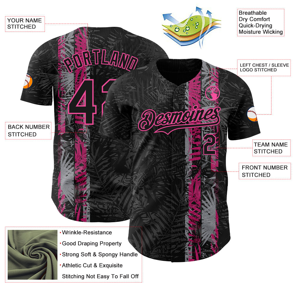 Custom Black Pink 3D Hawaii Tropical Palm Leaves Authentic Baseball Jersey