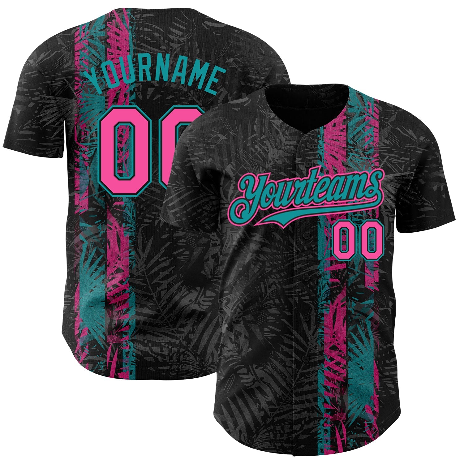 Custom Black Pink-Teal 3D Hawaii Tropical Palm Leaves Authentic Baseball Jersey