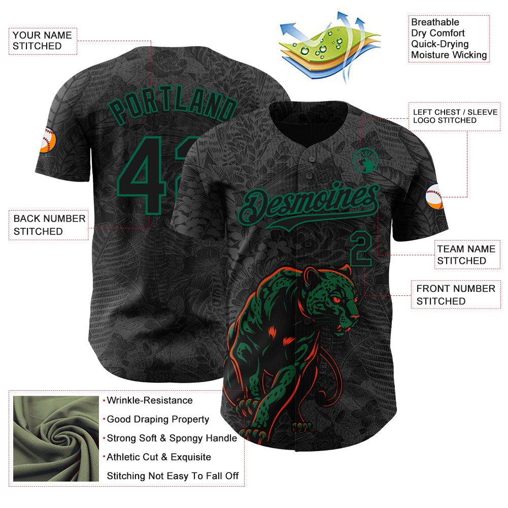 Custom Black Kelly Green 3D Hawaii Tropical Palm Leaves And Animal Leopard Authentic Baseball Jersey