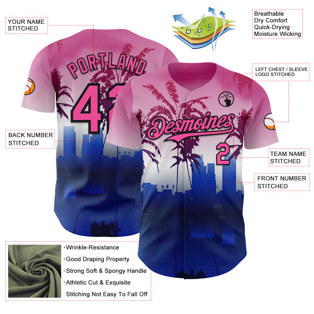 Custom Pink Blue Black-White 3D Gradient Miami Palm Trees City Edition Authentic Baseball Jersey