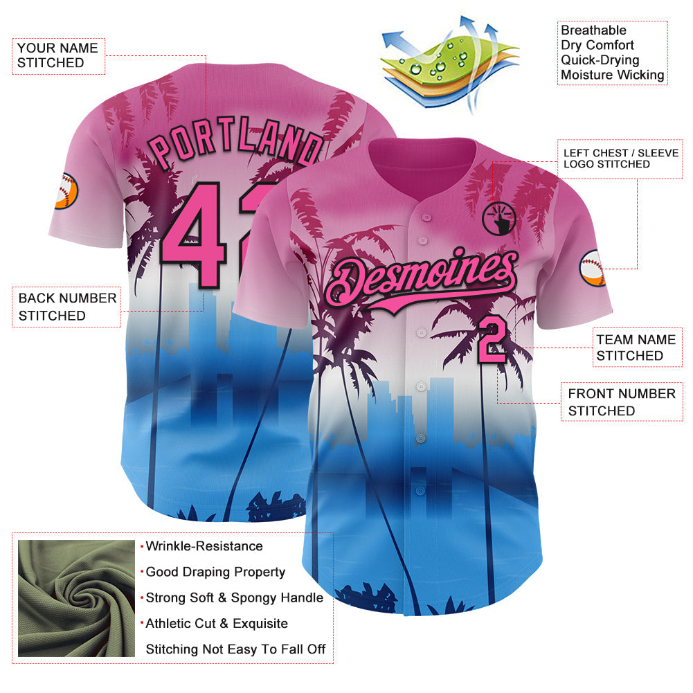 Custom Pink Blue Black-White 3D Gradient Miami Palm Trees City Edition Authentic Baseball Jersey