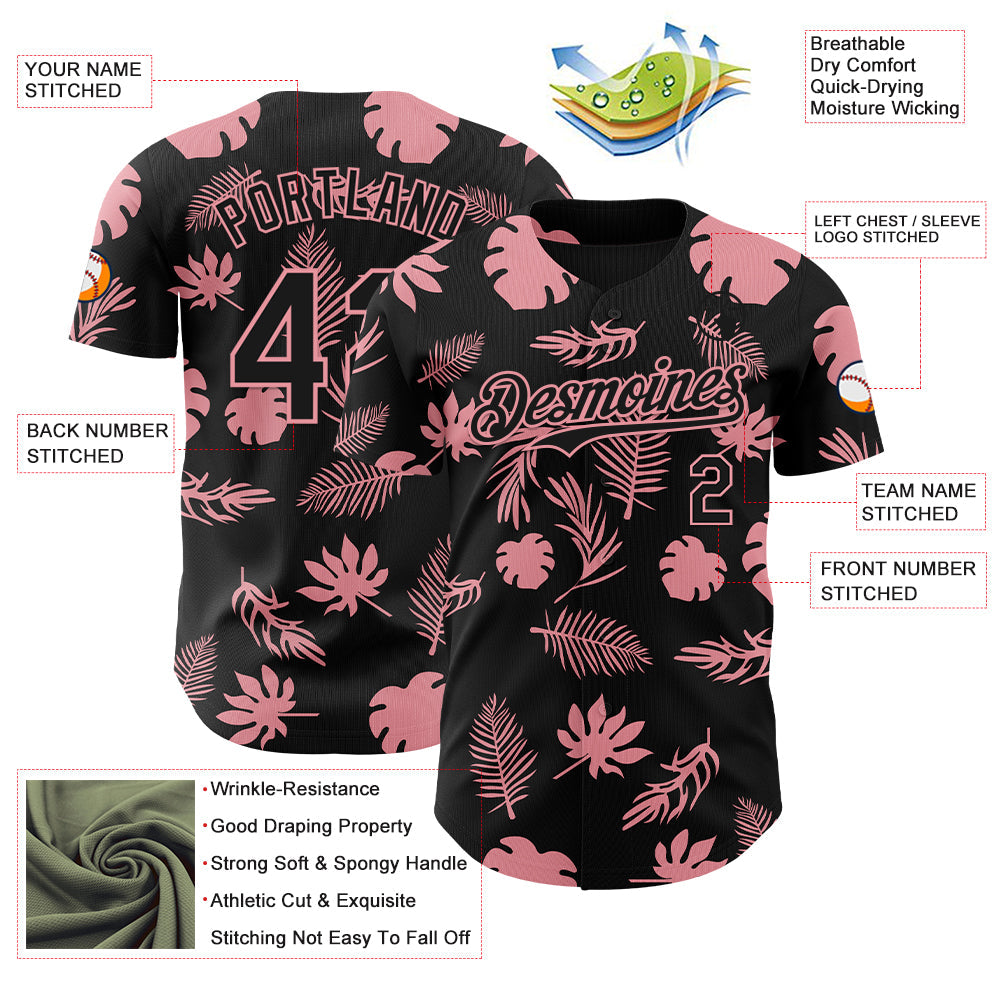 Custom Black Medium Pink 3D Hawaii Palm Leaves Authentic Baseball Jersey