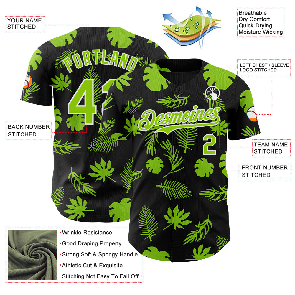 Custom Black Neon Green-White 3D Hawaii Palm Leaves Authentic Baseball Jersey