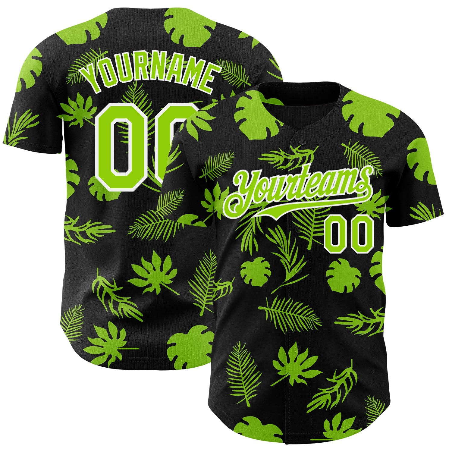 Custom Black Neon Green-White 3D Hawaii Palm Leaves Authentic Baseball Jersey