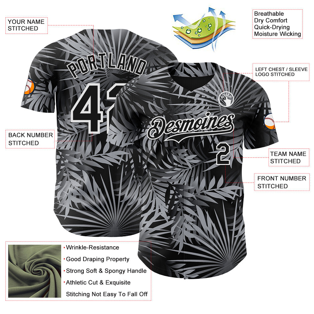 Custom Black Gray-White 3D Hawaii Palm Leaves Authentic Baseball Jersey