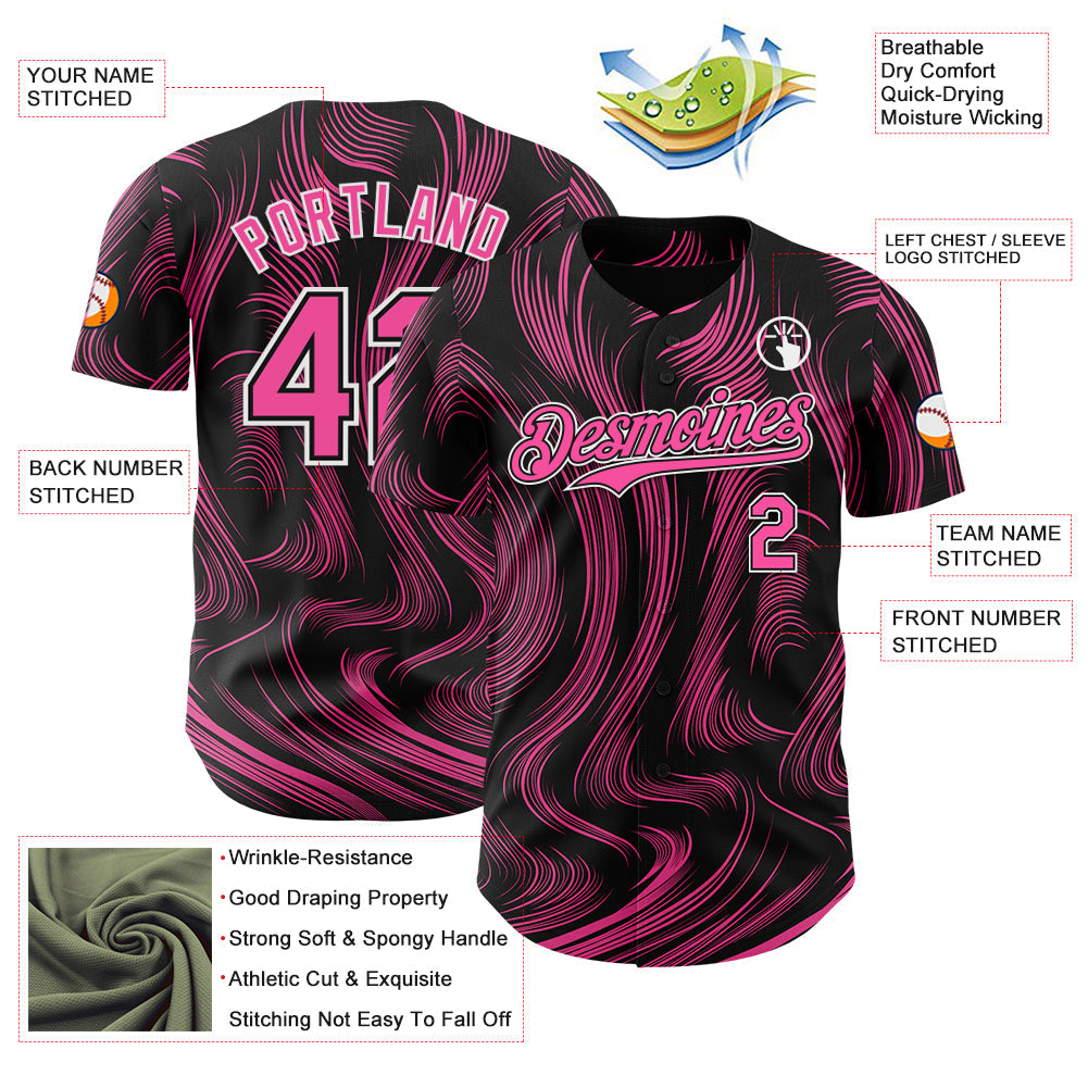 Custom Black Pink-White 3D Pattern Design Fluid Lines Authentic Baseball Jersey