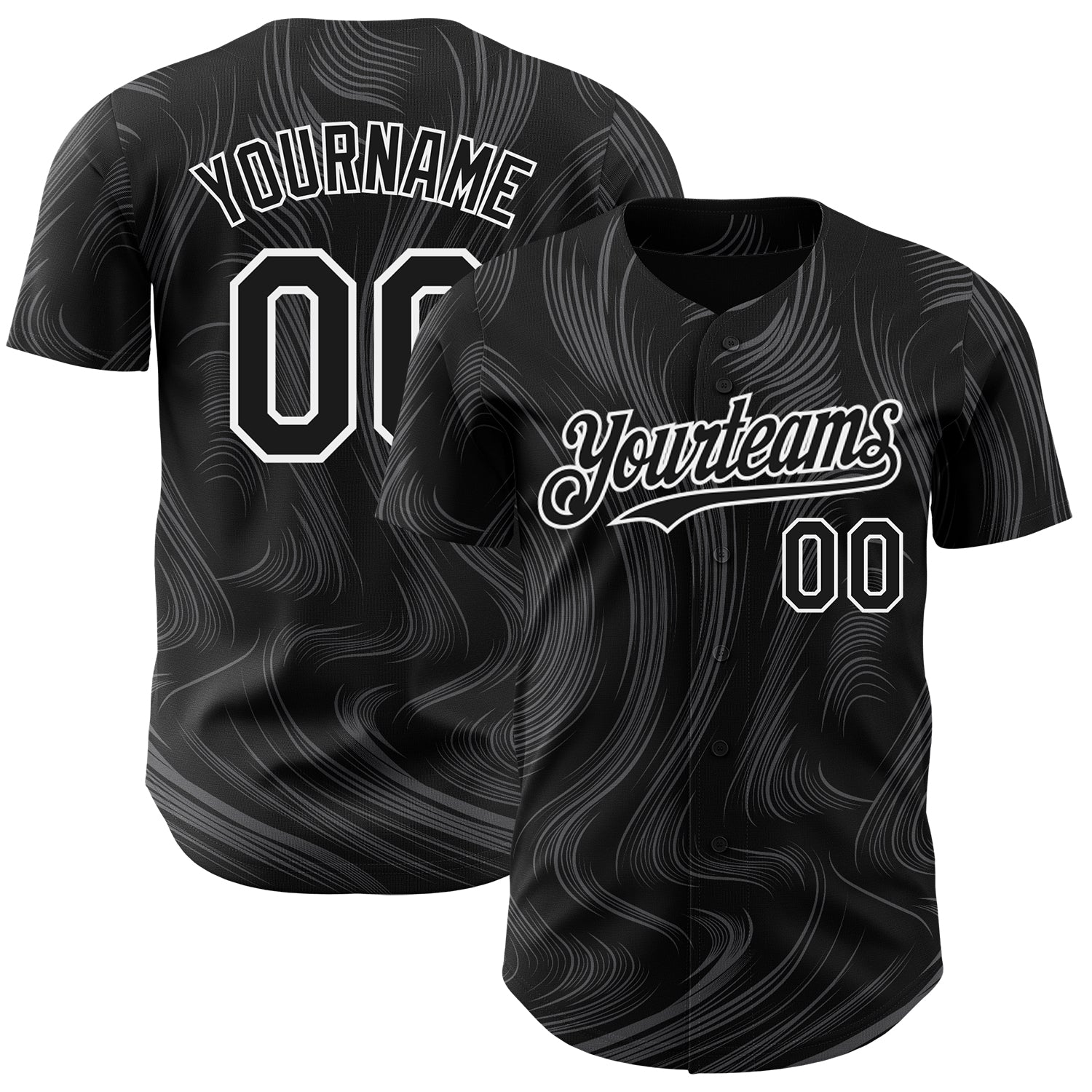 Custom Black White 3D Pattern Design Fluid Lines Authentic Baseball Jersey