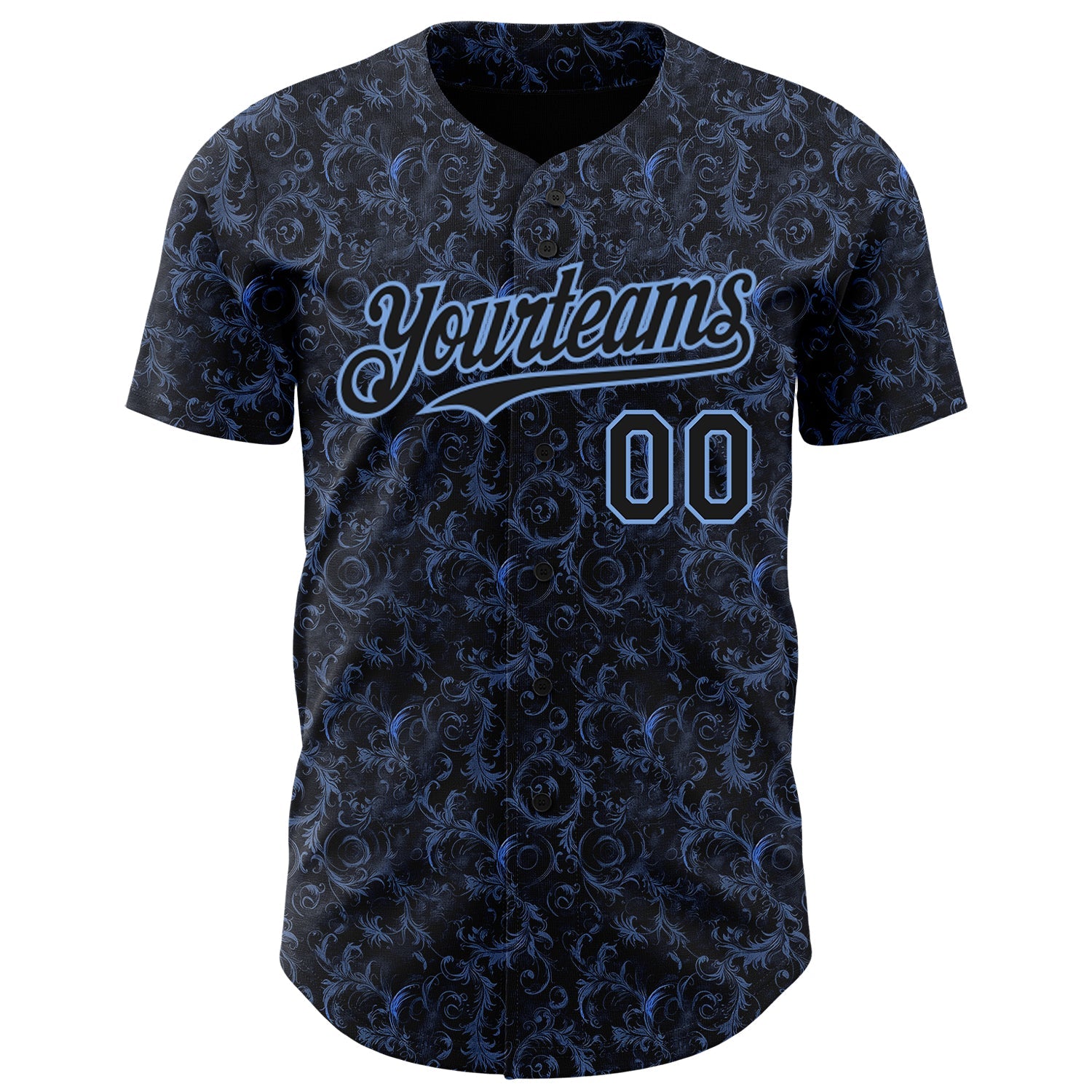Custom Black Light Blue 3D Pattern Design Flower Authentic Baseball Jersey