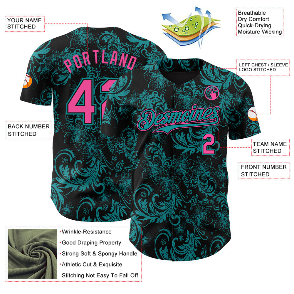 Custom Black Pink-Teal 3D Pattern Design Flower Authentic Baseball Jersey