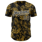 Custom Black Old Gold-White 3D Pattern Design Flower Authentic Baseball Jersey