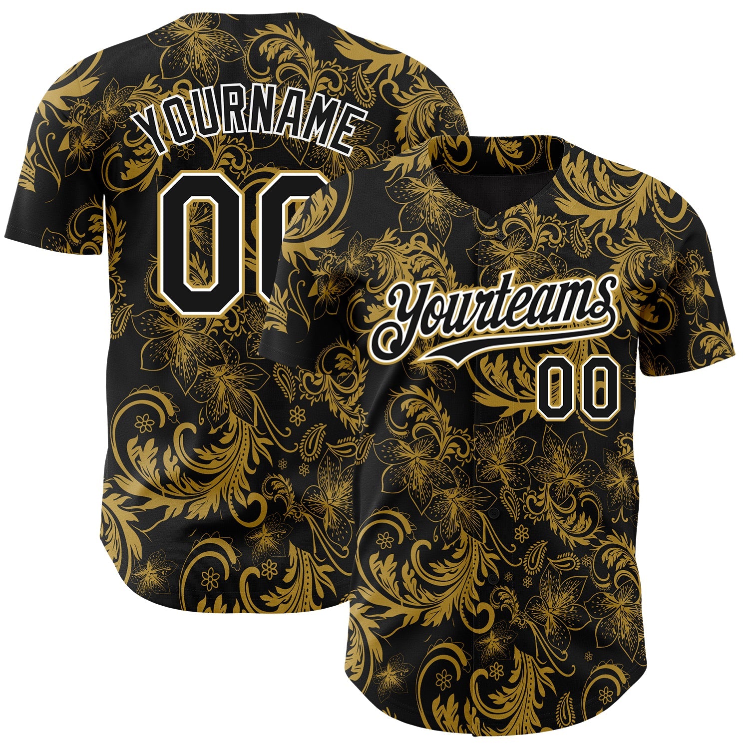 Custom Black Old Gold-White 3D Pattern Design Flower Authentic Baseball Jersey