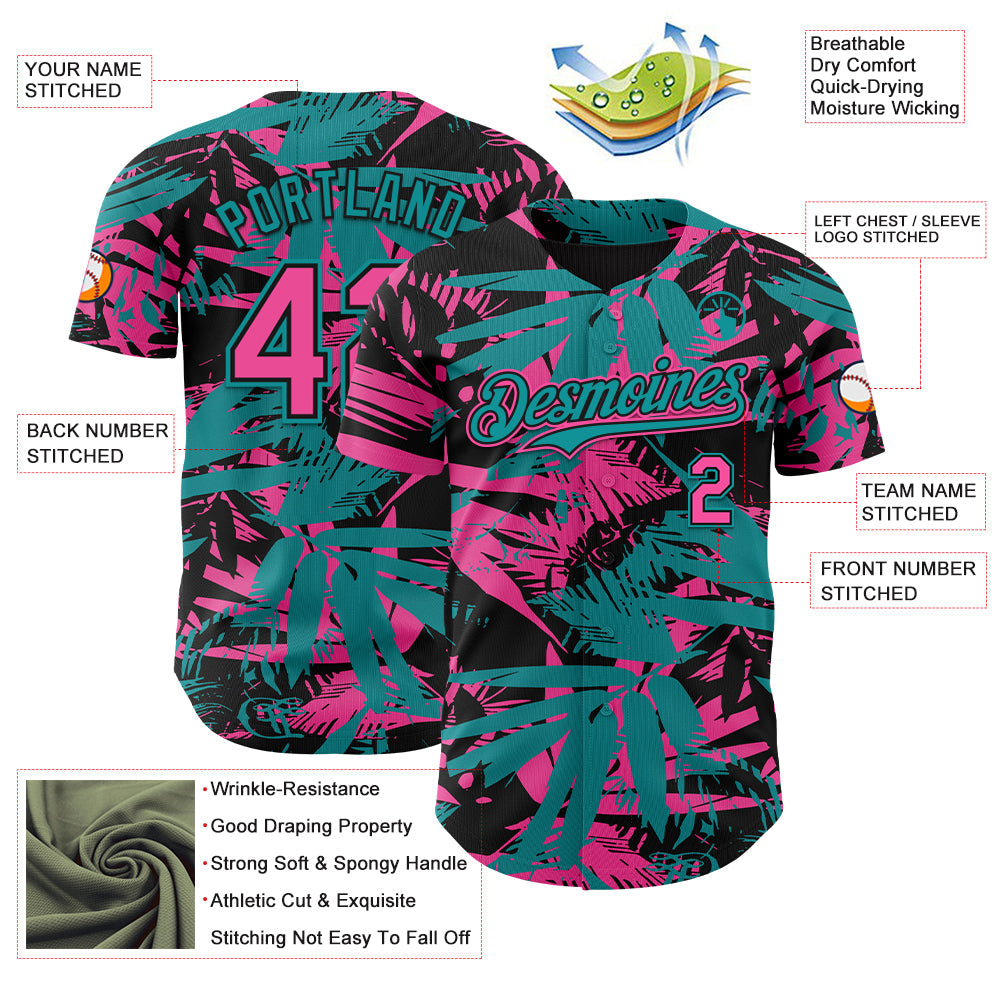 Custom Black Pink-Teal 3D Hawaii Palm Leaves Authentic Baseball Jersey