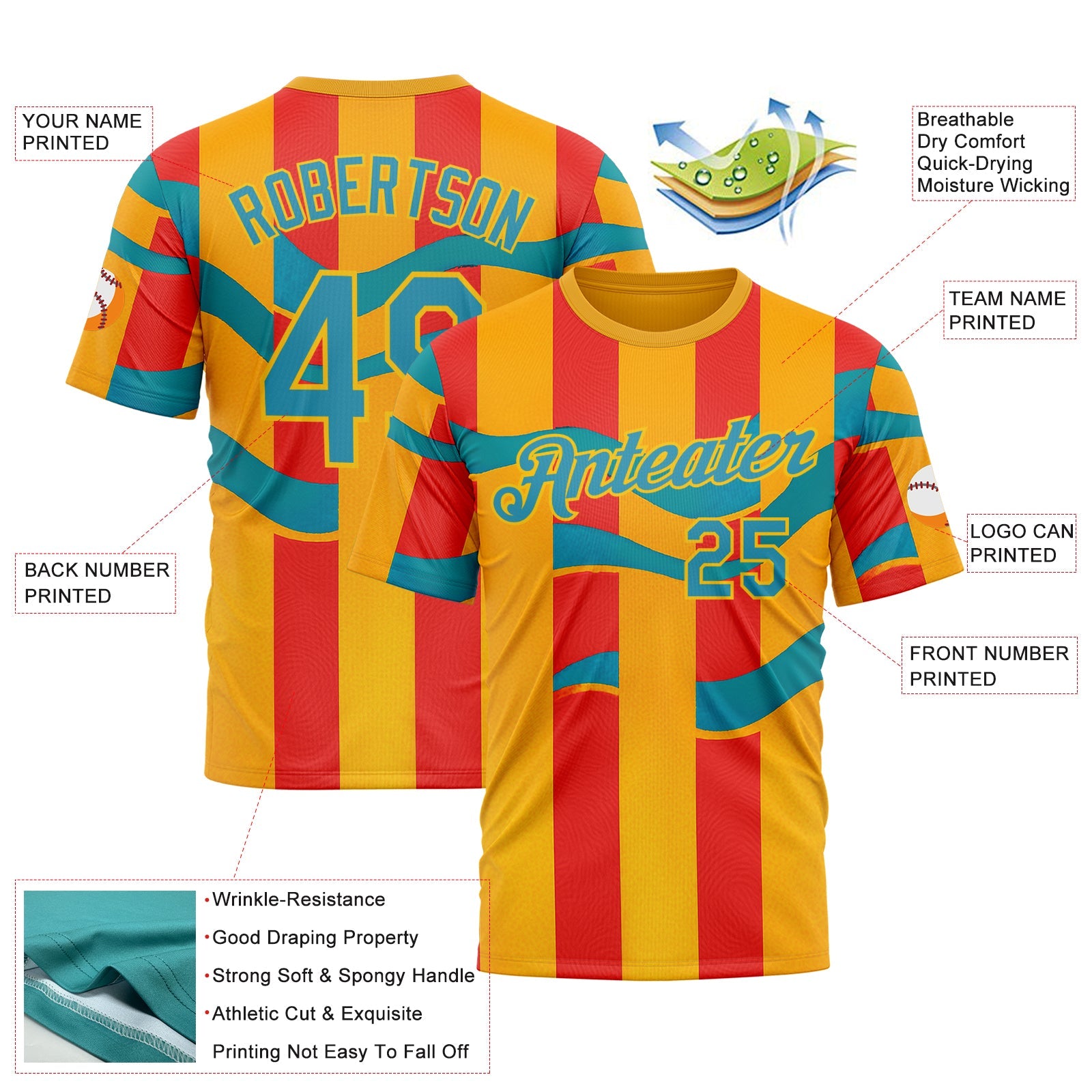 Custom Yellow Panther Blue-Red 3D Pattern Design Color Block Stripe Sportswear Performance T-Shirt