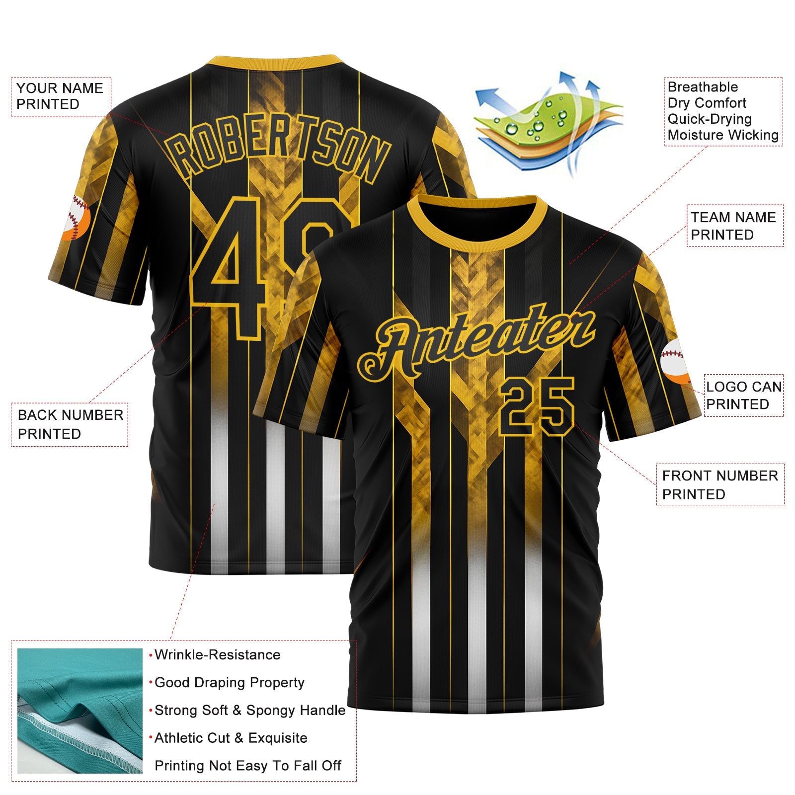 Custom Black Yellow 3D Pattern Design Germany Stripe Sportswear Performance T-Shirt