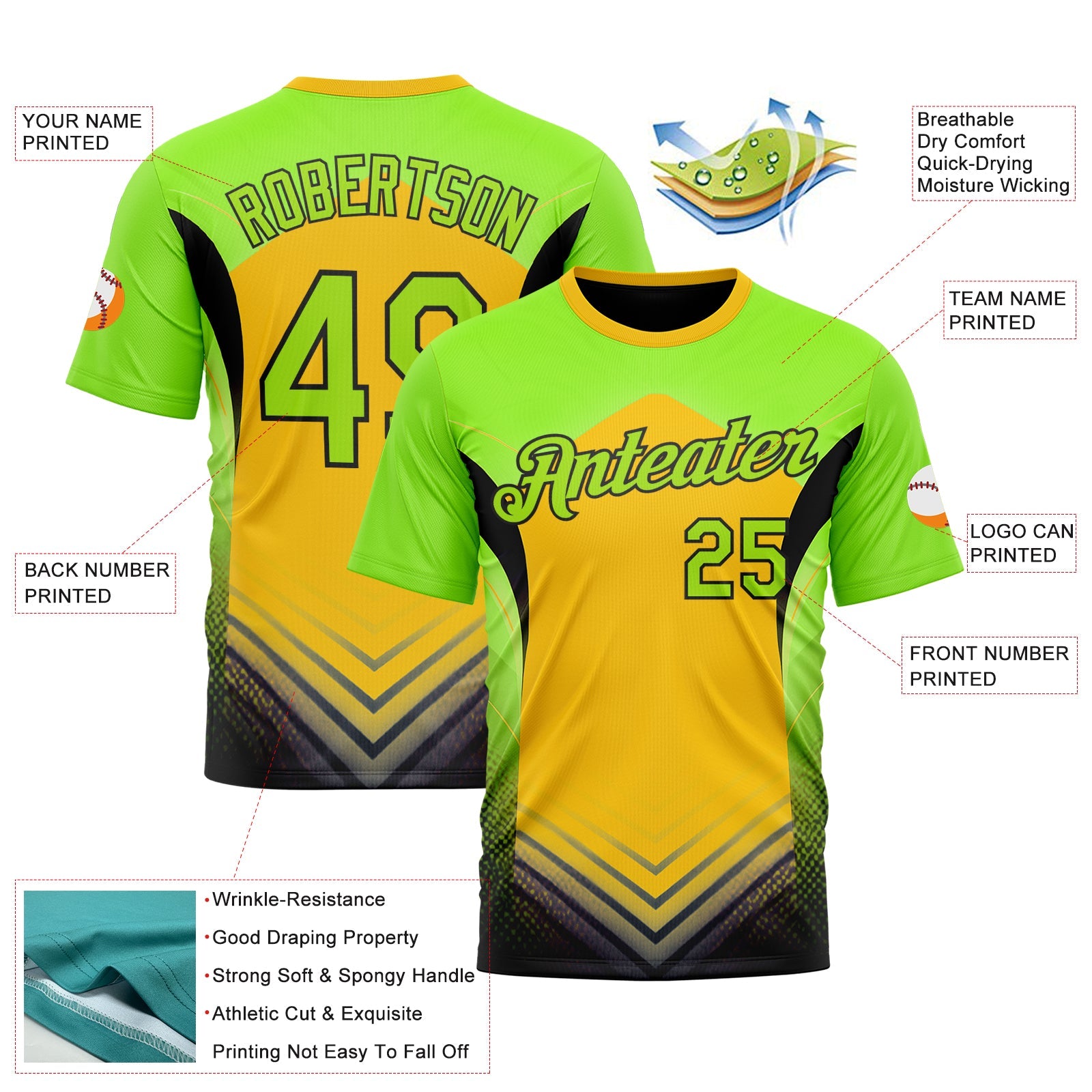 Custom Green Neon Green Yellow-Black 3D Pattern Design Color Block Arrow Sportswear Performance T-Shirt