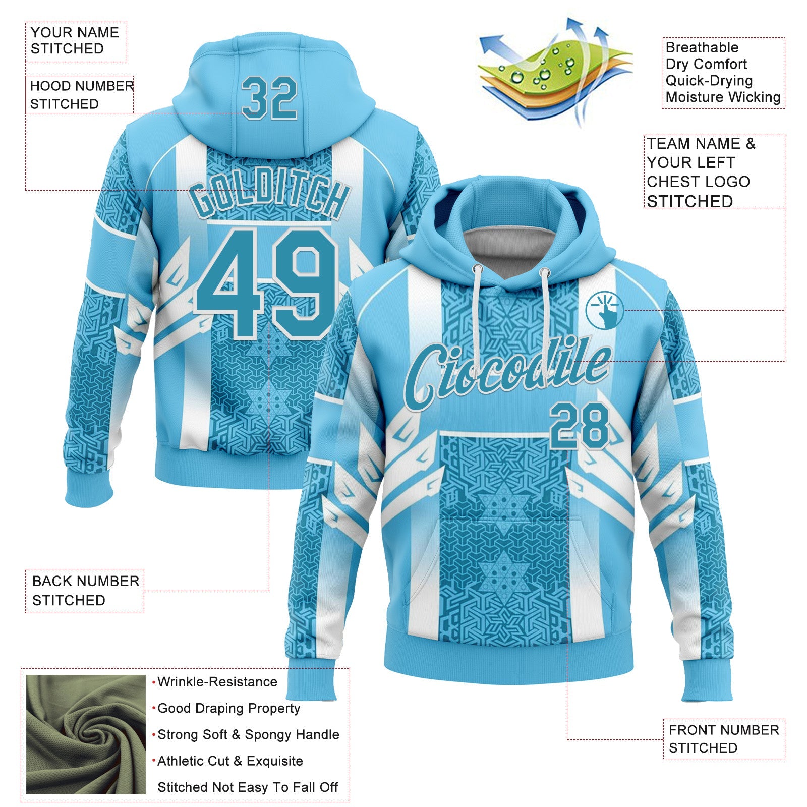 Custom Stitched Blue Panther Blue-White 3D Pattern Design Argentine Inspired Geometric Shape Sportswear Pullover Sweatshirt Hoodie