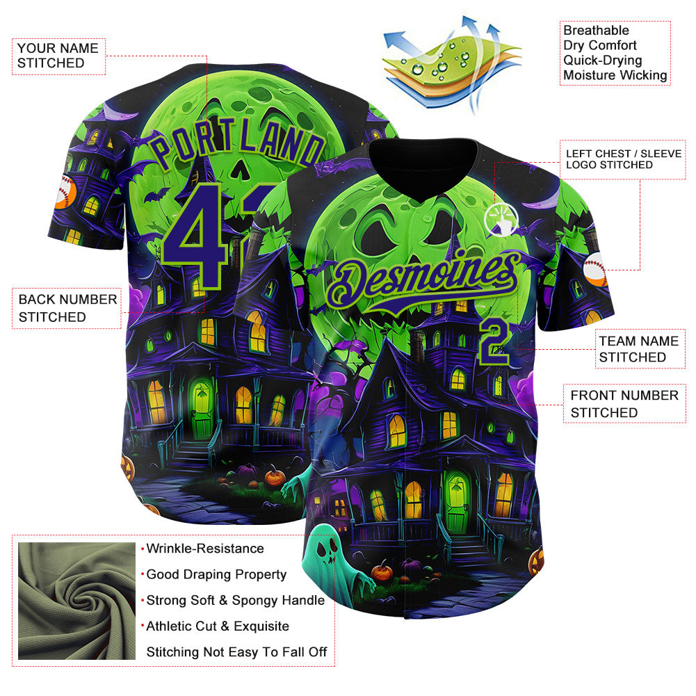 Custom Black Dark Purple-Neon Green 3D Halloween Spooky Pumpkin Bat Authentic Baseball Jersey