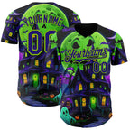 Custom Black Dark Purple-Neon Green 3D Halloween Spooky Pumpkin Bat Authentic Baseball Jersey