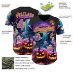 Custom Black Medium Purple-Yellow 3D Halloween Spooky Pumpkin Authentic Baseball Jersey