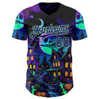 Custom Black Dark Purple-Pea Green 3D Halloween Spooky Pumpkin Authentic Baseball Jersey